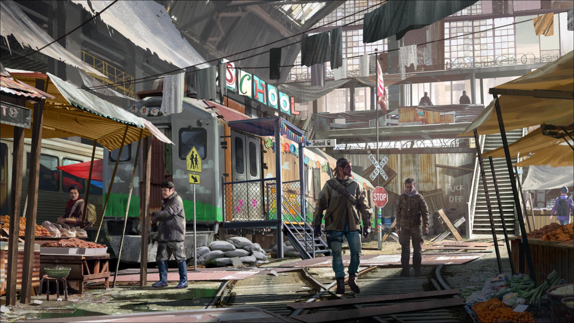 Post-apocalyptic market scene with various stalls, people in rugged clothing, and a makeshift school sign in the background.