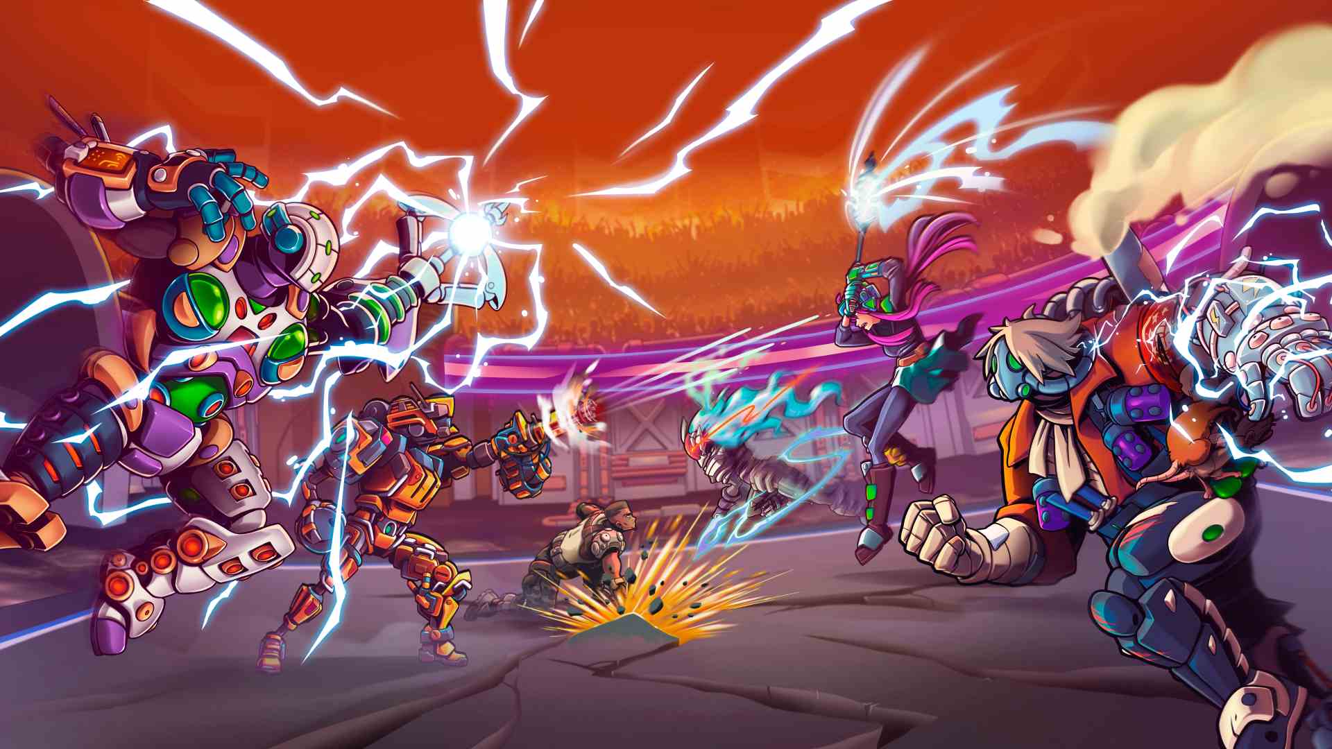 Futuristic characters engaged in an intense battle scene with energy blasts and dynamic action.