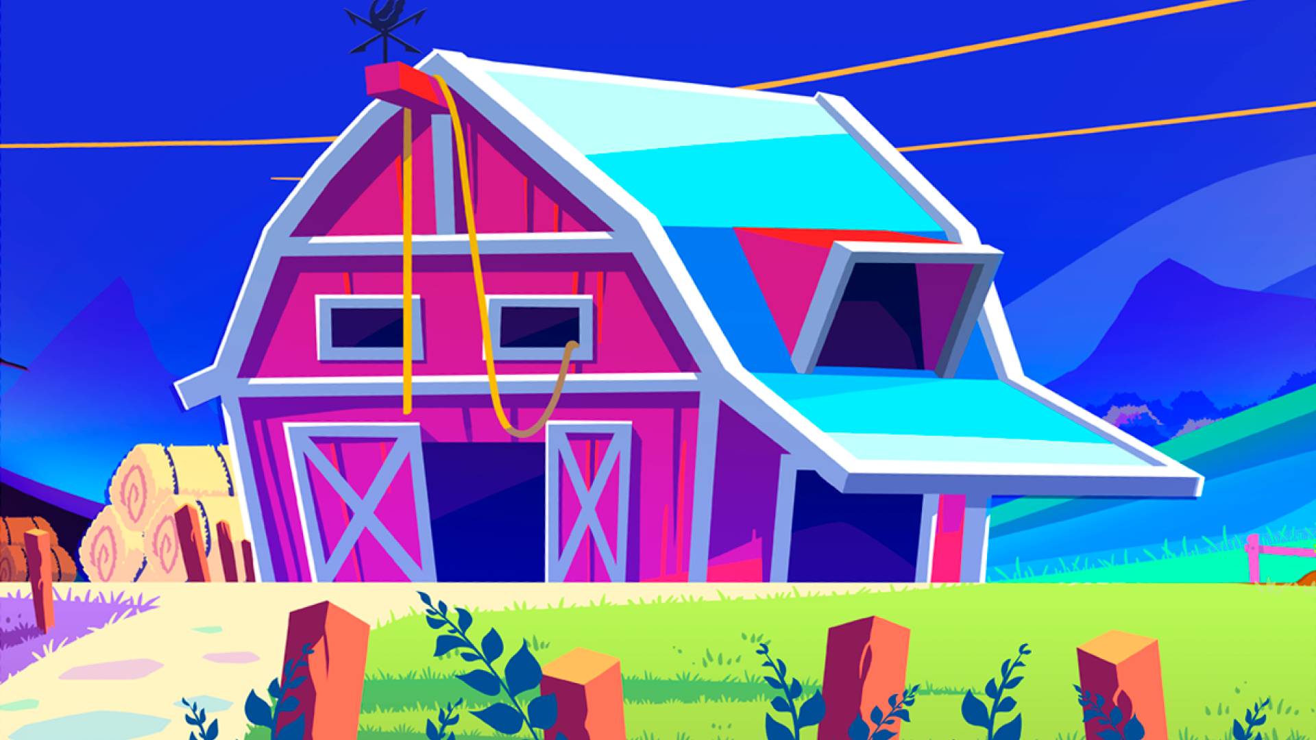 Colorful cartoon barn in a vibrant rural landscape, from the StarFarm game.